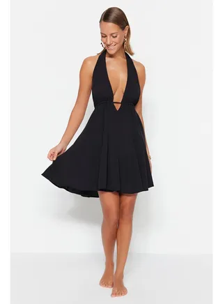 Black Mini Woven Backless Beach Dress TBESS23EL00061 