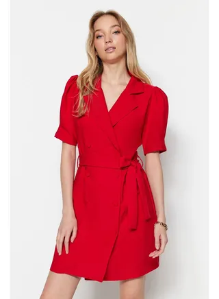 Red Lacing Detail Double Breasted Mini Woven Dress TWOSS20EL0236 