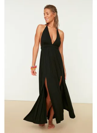 Black Maxi Knitted Beaded Accessory Beach Dress TBESS21EL2796 