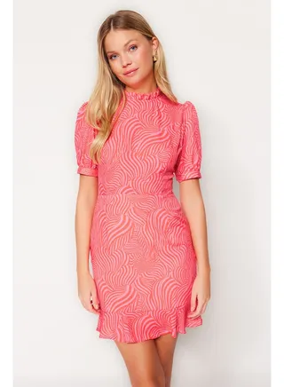 Pink Skirt Flounce Stand Collar Mini Woven Dress TWOSS23EL00562 