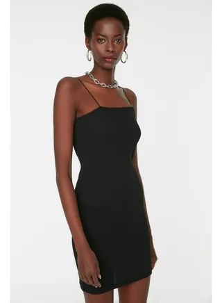 Black Square Neck Spaghetti Strap Ribbed Flexible Fitted Mini Knitted Dress TWOSS21EL2327 