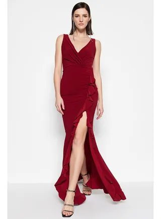 Burgundy Fitted Lined Knitted Flounce Long Evening Evening Dress TPRSS19UT0026 