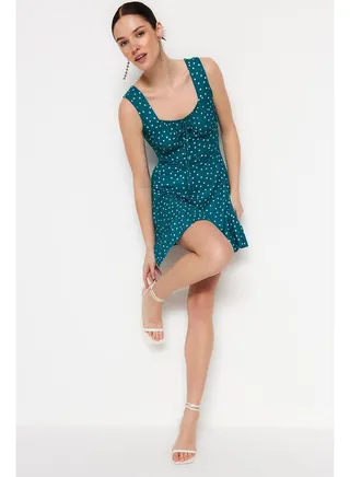 Petrol Polka Dot Printed Square Neck Flounce A-Line Mini Knitted Dress TWOSS23EL00348 