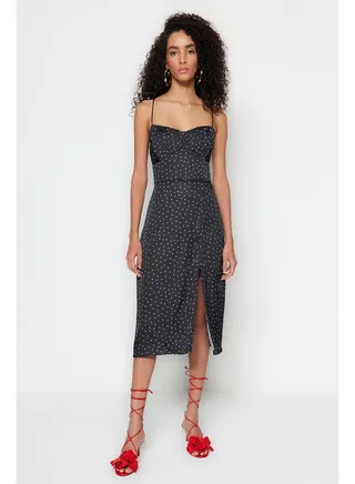 Black Polka Dot A-Cut Midi Satin Strap Woven Dress TWOSS23EL00188 