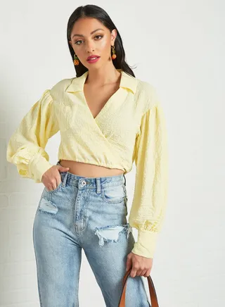 Crinkle Wrap Style Crop Top Yellow 