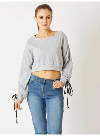Smoking Guns Eyelet Sleeve Crop Top Grey 