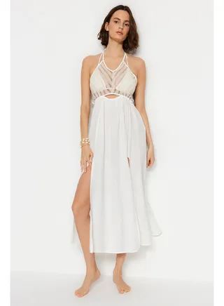 Ecru Midi Woven Cut Out/Window Beach Dress TBESS23EL00322 