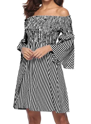 Ruffle Off Shoulder Striped Midi Dress Black/White 