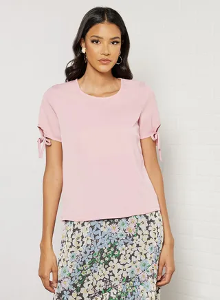 Women's Casual Knotted Short Sleeve Round Neck Crop Top Pink 