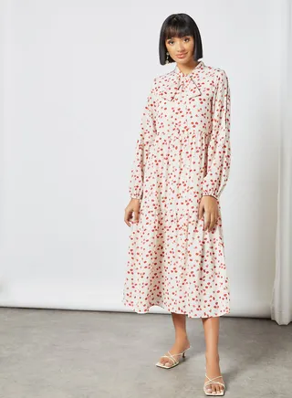 Floral Print Tie-Up Neck Dress White 