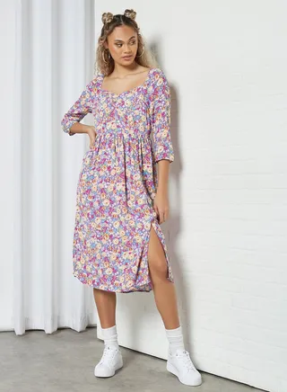 Floral Print Midi Dress Purple 