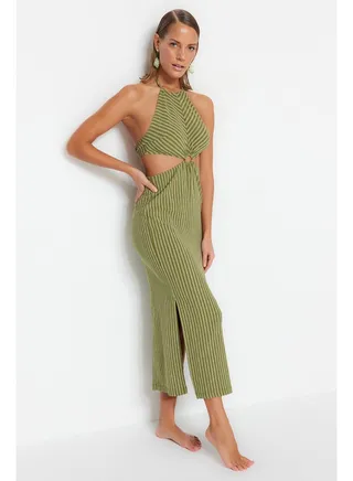 Green Striped Maxi Knitted Accessories Knitwear Look Beach Dress TBESS23EL00066 