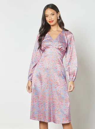 Leopard Print V-Neck Dress Blue/Orange 