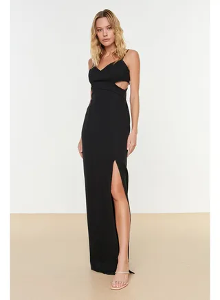 Black Woven Window/Cut Out Detailed Long Evening Evening Dress TPRSS19UT0124 