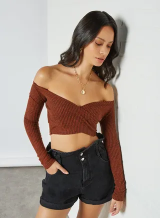 Surplice Neckline Crop Top Brown 
