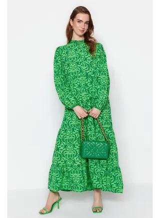 Green Patterned Half Pat Wide Fit Cotton Woven Dress TCTSS23EB00222 