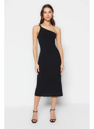 Black One Shoulder A-Line/A-Line Form Midi Smart Crepe Strap Knitted Dress TWOSS23EL02303 