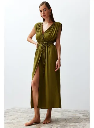 Green Maxi Woven Slit Beach Dress TBESS23EL00069 