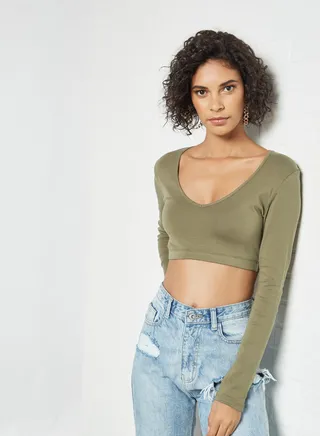 Basic Long Sleeve Crop Top Green 