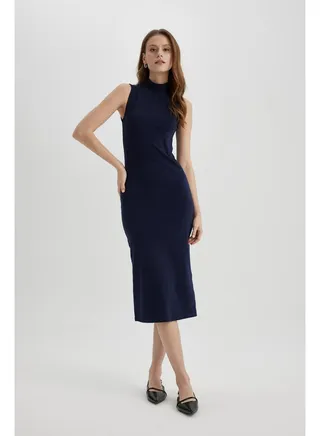 Woman Bodycon Mock Neck Short Sleeve Knitted Dress 