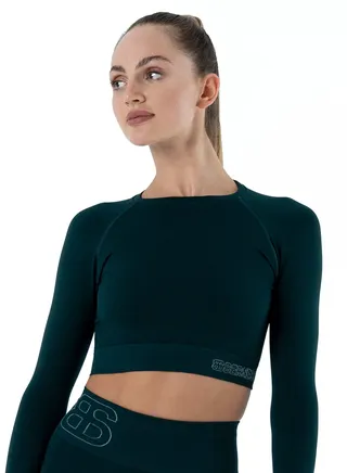 Turkiye Nylon Long Sleeve Crop Top with Round Neck Women's Cropped T Shirt for Workout Yoga Running Exercise Textured Green Moss 