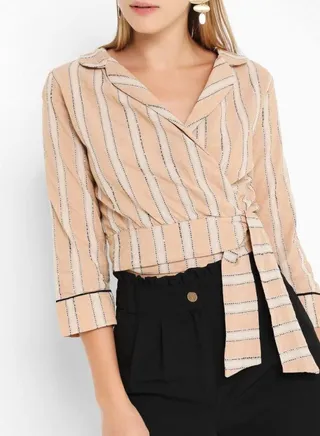 Striped Cropped Jacket Beige 
