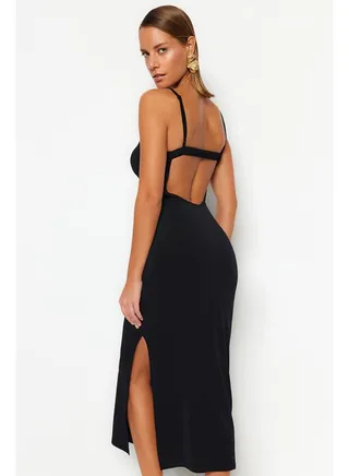 Black Fitted Maxi Knitted Backless Beach Dress TBESS23EL00116 