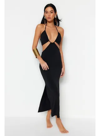 Black Fitted Maxi Knitted Cut Out/Window Beach Dress TBESS23EL00122 