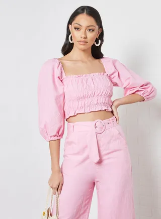 Shirred Detail Crop Top Pink 