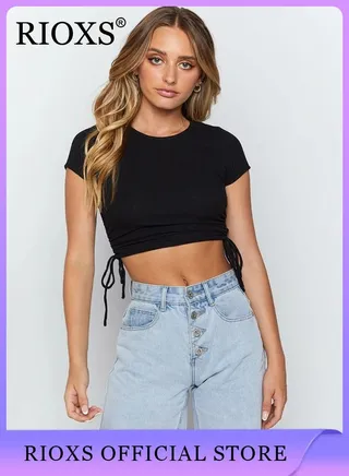 Women Elastic Waist Shorts Side Drawstring Tops Slim Fit-Shirts Short Sleeve Crop Tops 