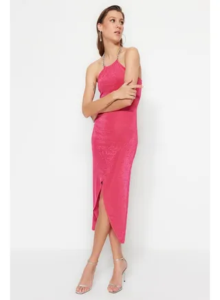 Fuchsia Double Breasted Knitted Elegant Evening Dress TPRSS23EL00323 