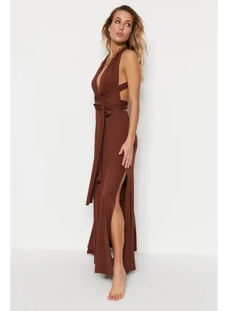 Brown Belted Maxi Knitted Tie Beach Dress TBESS21EL2992 