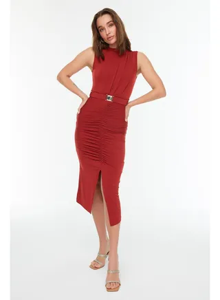 Tile Fitted/ Fitted Sleeveless Draped Detail Belted Midi Elastic Knitted Dress TWOSS22EL0756 