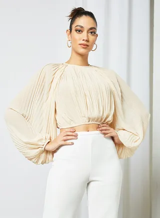 Pleated Crop Top Beige 