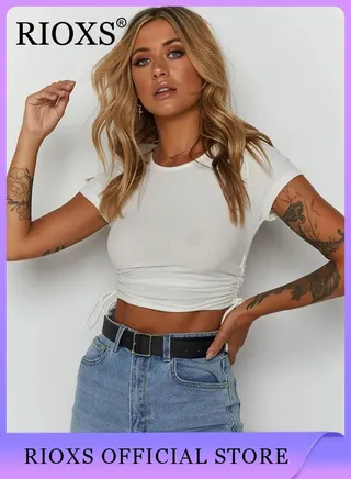 Women Elastic Waist Shorts Side Drawstring Tops Slim Fit-Shirts Short Sleeve Crop Top 