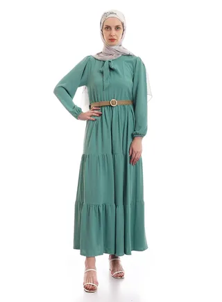 Tiered Plain Turquoise Dress With Removable Belt 