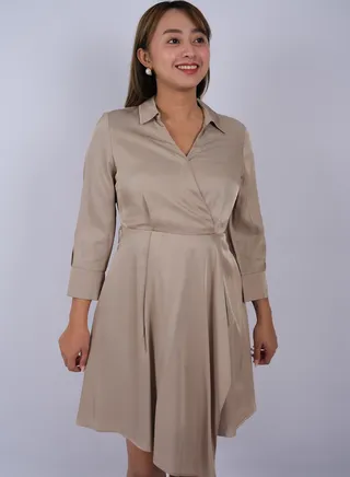 Women's Silk Collared Neck Pleated Dress in Light Sand 