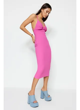 Pink Fitted Lined Knitted Evening Dress TPRAW22EL1040 
