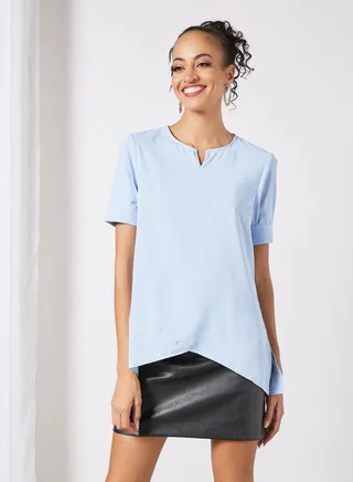 Women's Casual Short Sleeve Notched Neck Tops With Side Slit Blue 