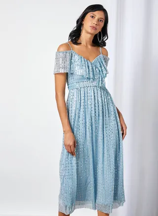 Embellished Off Shoulder Dress Blue 