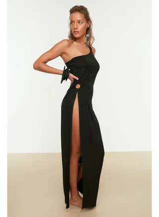 Black Fitted Maxi Knitted Slit One Shoulder Beach Dress TBESS22EL0706 