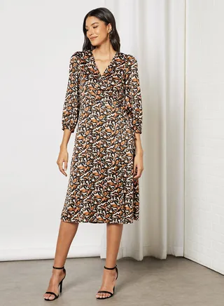 Printed Midi Dress Brown/Ecru 