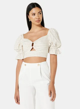 Checkered Puff Sleeve Crop Top Ecru 
