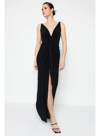 Black Evening Dress With Draping Detailed TPRSS19UT0099 
