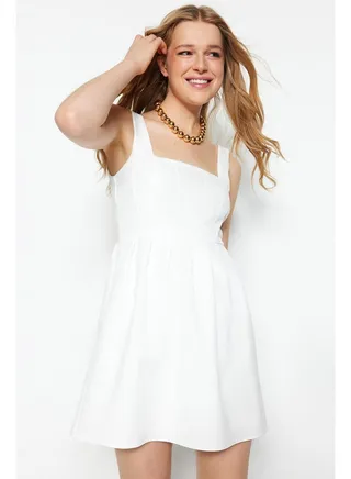 White Waist Mini Strap Flounced Woven Dress TWOSS23EL00601 