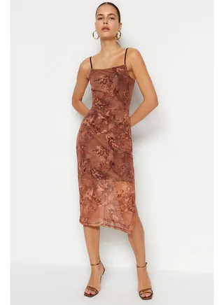 Premium Brown Patterned Fitted Midi Stretch Knitted Dress TWOSS23EL01110 