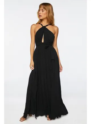 Belted Cutout Halter Maxi Dress 