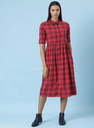 Casual Checkered Midi Dress Red/Navy Blue 