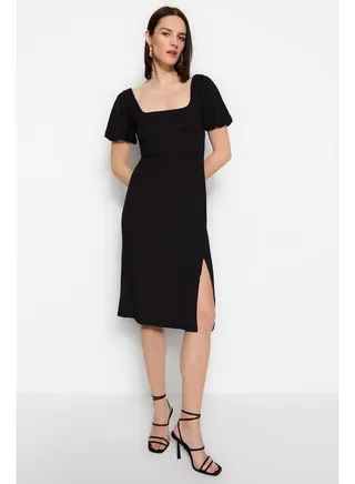 Black Square Neck Balloon Sleeve A-Line Slit Detailed Midi Knitted Dress TWOSS23EL01533 