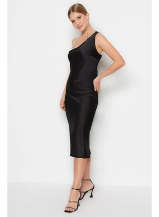 Black Woven Shiny Stone Satin Elegant Evening Dress TPRSS23EL00146 